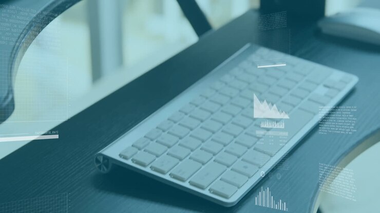 Animation of financial data processing over desk with computer in office