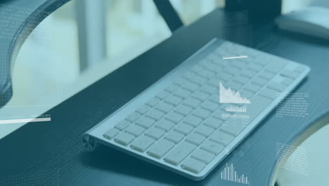 animation of financial data processing over desk with computer in office