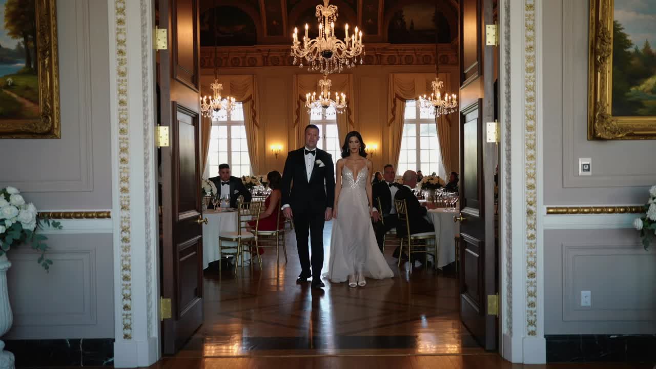Walking couple in tuxedo and gown entering reception through ornate doors, pausing under chandelier