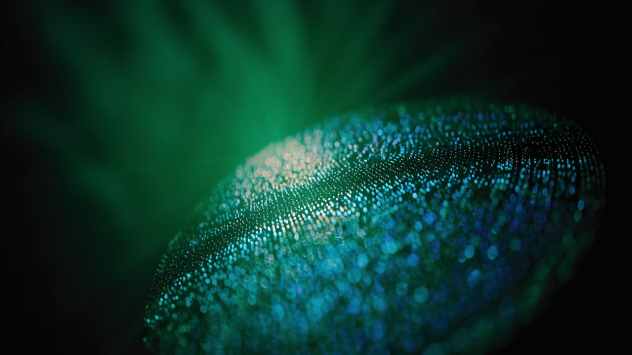 Mesmerizing macro shot of a glitter ball spinning in a dark environment, with its mirrored surface reflecting beautiful green and blue light beams creating a festive and glamorous party atmosphere