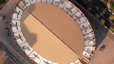 aerial view of an oval stadium roof