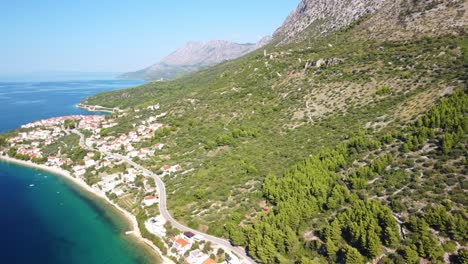idyllic landscape of podaca village in southern dalmatia, makarska riviera croatia - aerial drone shot.