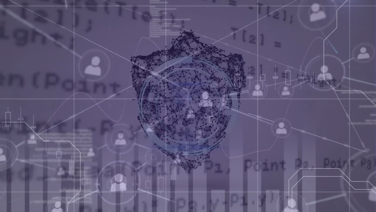 animación de la red de conexiones con personas iconos sobre escudo y procesamiento de datos