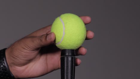 an elegant green tennis ball fixed in a black stick. tennis ball balancing in single stick