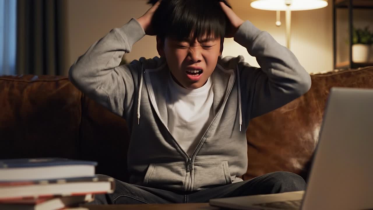 집에서 공부하며 스트레스받은 표정으로 머리를 감싸 쥐고 있는 아이, 피로와 학습 압박을 보여줍니다.