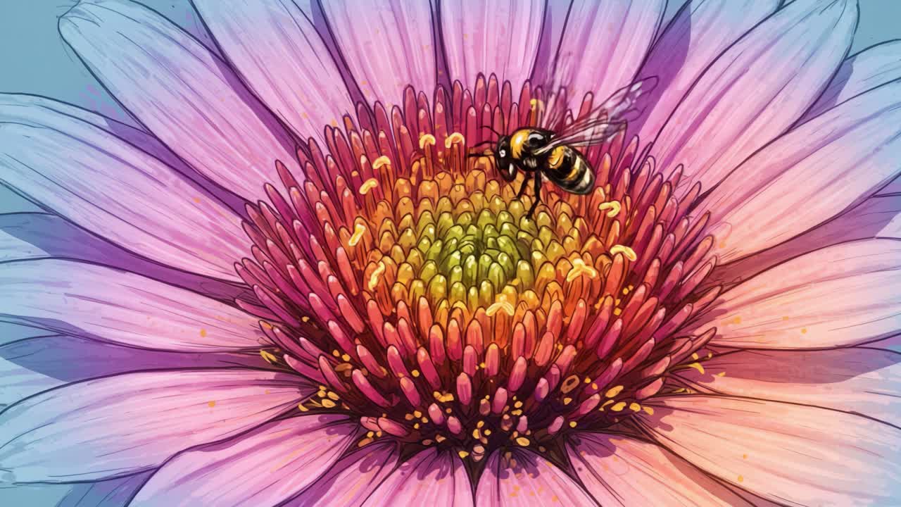 Intricate Details of a Vibrant Flower with a Busy Bee Collecting Nectar, Capturing the Essence of Springtime's Beauty and the Importance of Pollinators