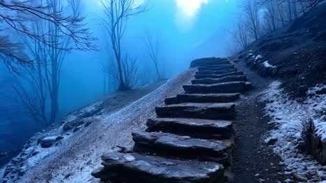 a set of stone steps leading up a snowy hillside in the woods