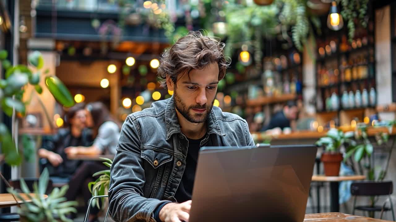 hombre trabajando en una computadora portátil en un café al aire libre