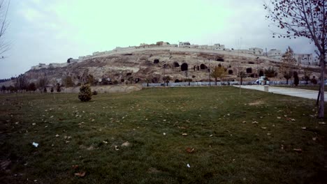 flower-bed with green grass and fallen yellow leaves far old urfa cavern houses on reconstruction