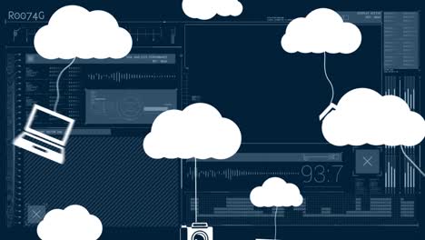 Animation-of-cloud-icons-and-data-processing-over-dark-background