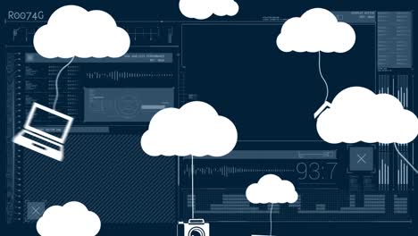 Animation of cloud icons and data processing over dark background