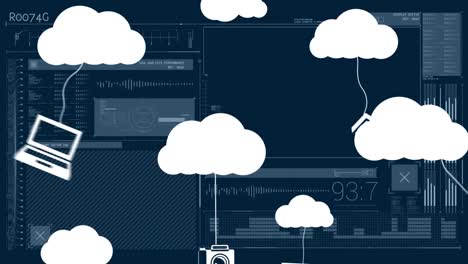 animation of cloud icons and data processing over dark background