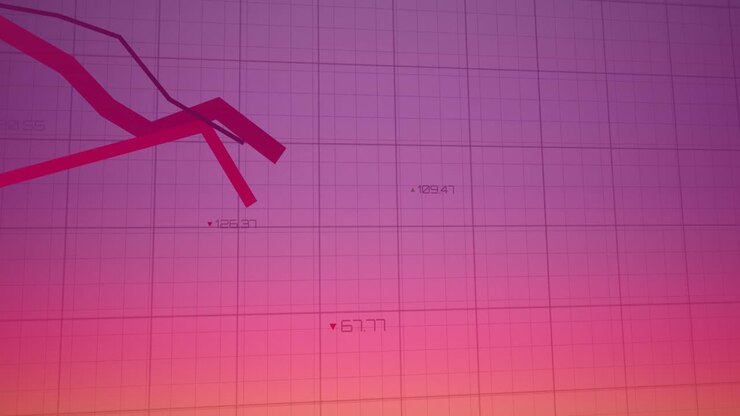 Animation of falling graphs over grid pattern and changing numbers against abstract background