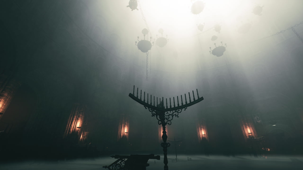 Mysterious ancient hall with candlelight and shafts of light