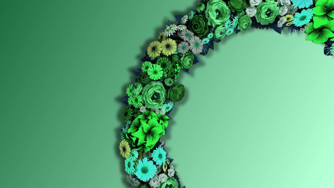 Animation of a swirling ring of green flowers on a green background. Video loop