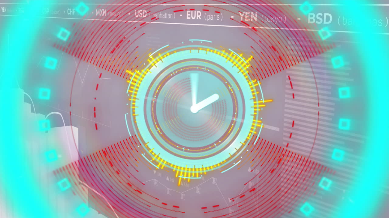 Futuristic clock animation over currency exchange rates and financial data