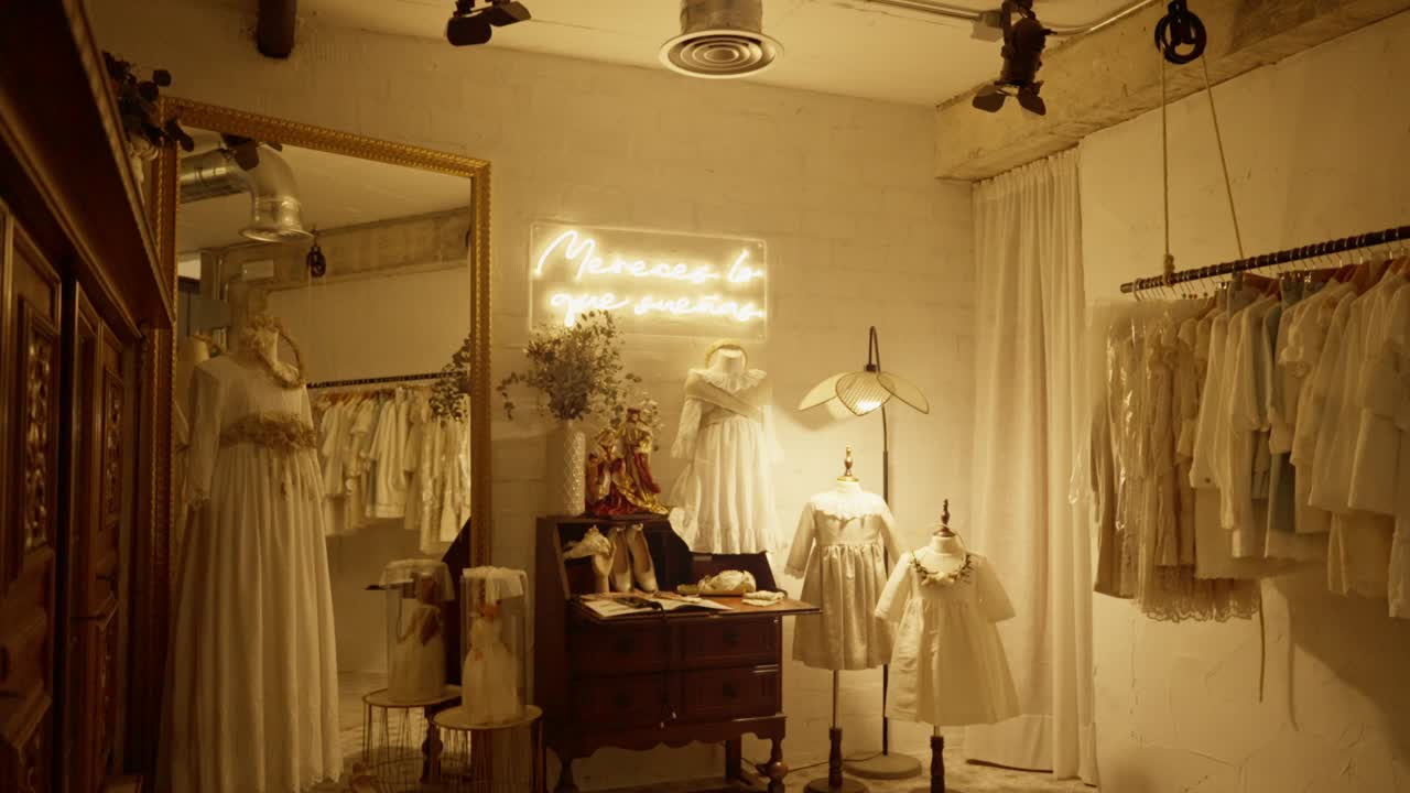 빈티지 여성 드레스, 거울과 네온 표지판이 있는 방