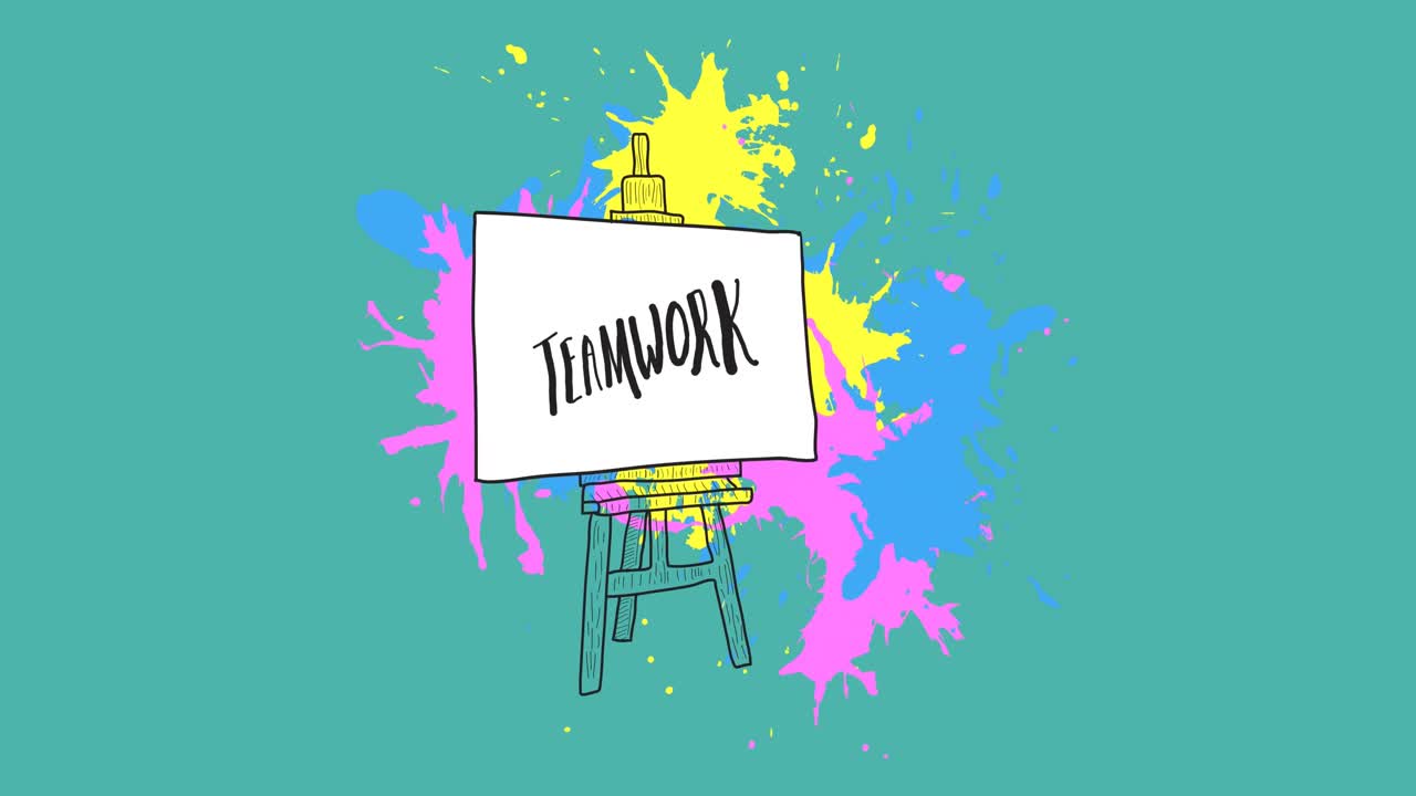 녹색 배경 위에 캔버스와 페인트 스플래치에 팀워크 텍스트의 애니메이션