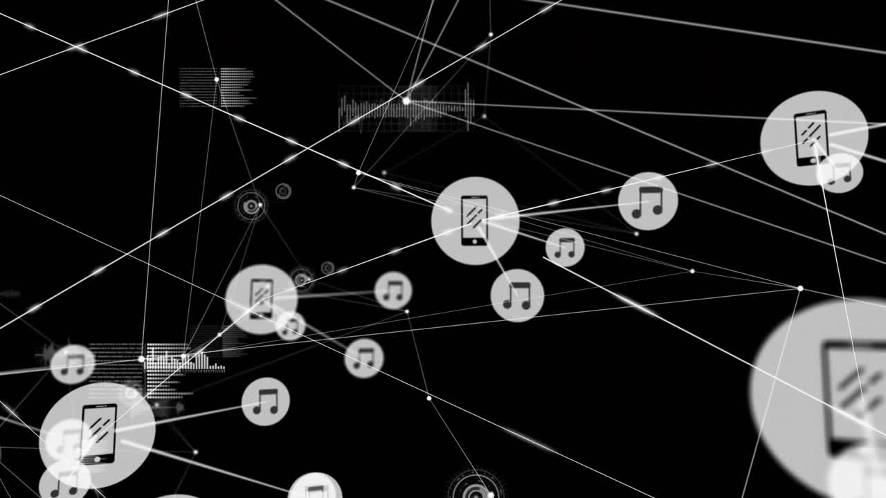 White lines, number circle emerging, phone and music icons grouping, linking into expanding network