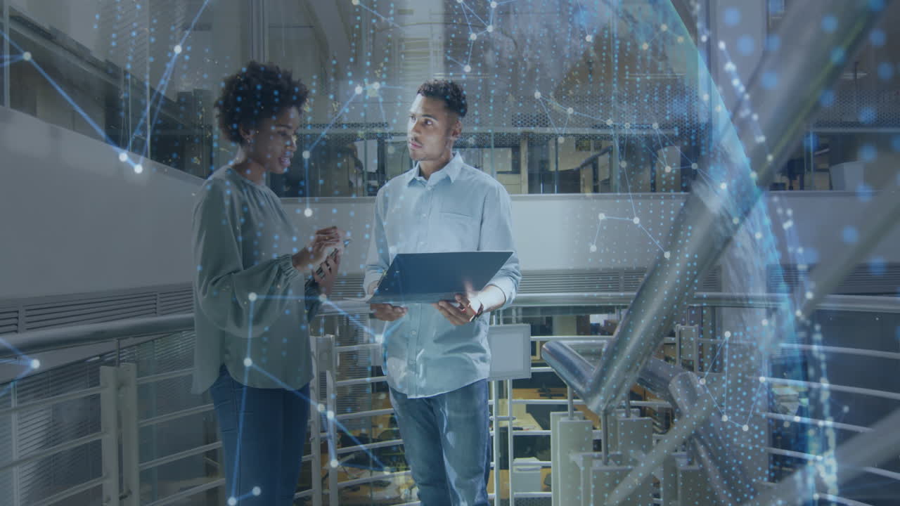 Animation of globe and data processing over diverse business people in office