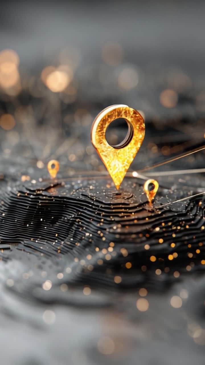Captivating Close-up of Shiny Location Pins on a Textured Landscape in a Dark, Sparkling Digital Environment Representing Navigation and Geography