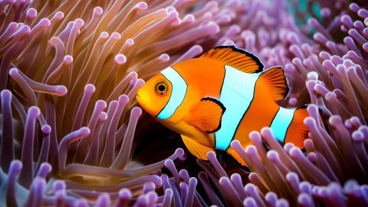 Pesci pagliaccio vivaci che nuotano tra anemoni di mare colorati