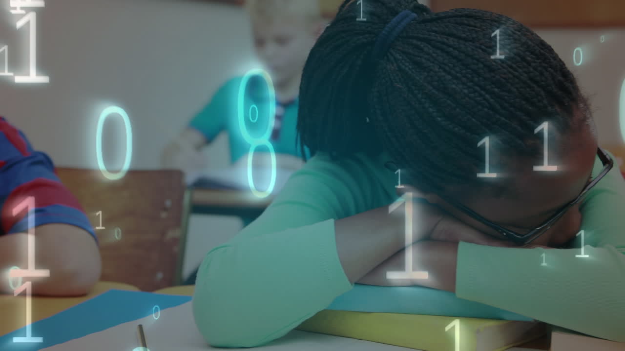 Animation of binary code over african american girl sleeping on desk at school