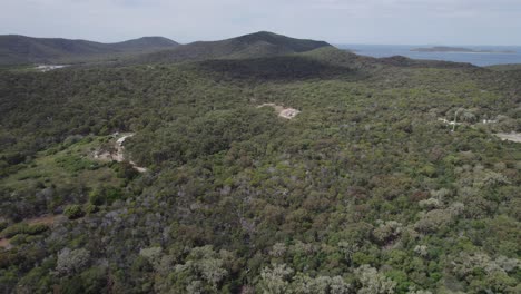 Volando-Sobre-El-Paisaje-Densamente-Boscoso-De-La-Gran-Isla-Keppel-En-El-Condado-De-Livingstone,-Qld,-Australia