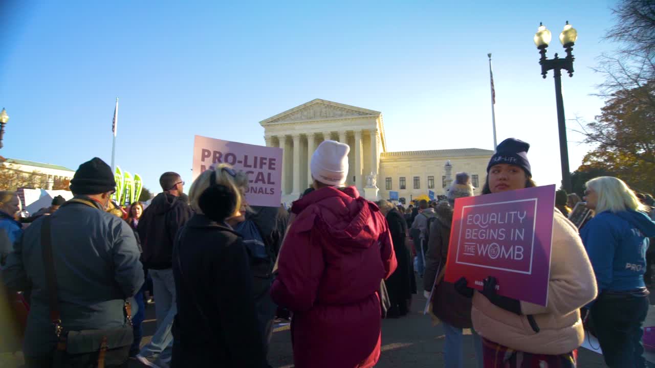 Crowd demonstrating outside the Supreme Court buidling in Washington DC.