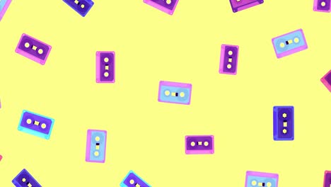 le cassette ruotano, diminuiscono e aumentano, ciclo senza cuciture. cassette musicali per registratori musicali degli anni '70 - '90 composizione orizzontale, qualità video 4k