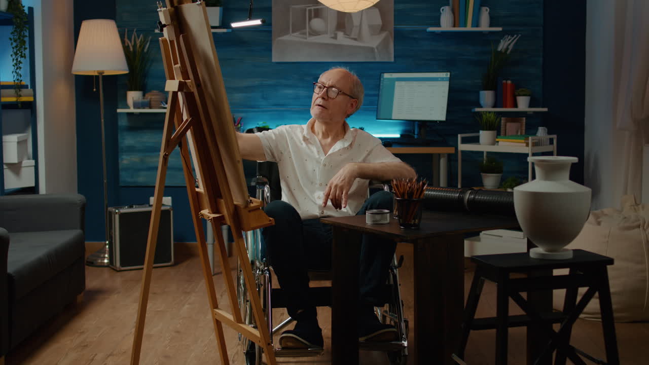 Retired adult living with disability and drawing sketch on canvas