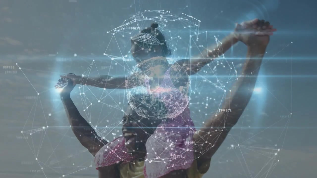 Man carrying child on shoulders, child lifting arms, man steadying for balance, tech globe aligning