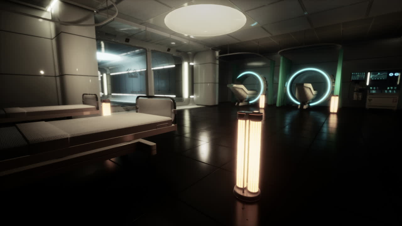 Hospital futurista con tecnología avanzada y elementos de diseño luminosos
