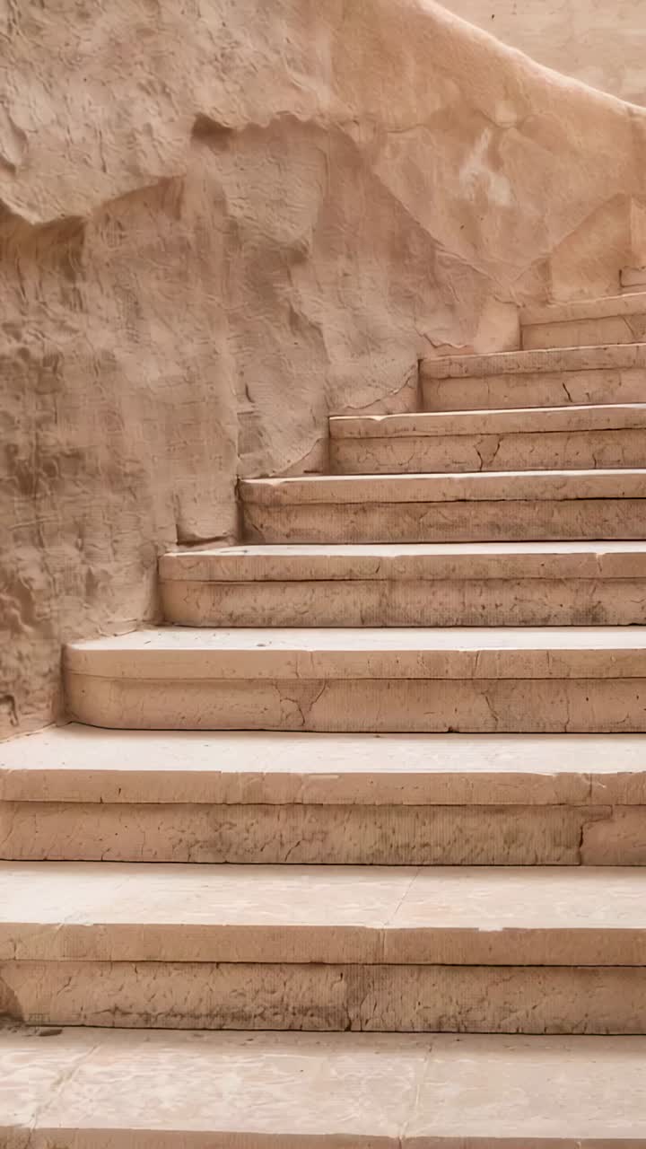Vertical video: Tilting camera revealing stone steps, rock wall, cracks and landing in stairwell