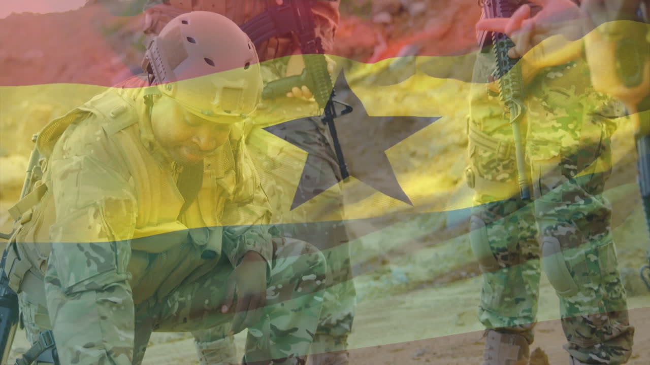 In animation, soldiers wearing camouflage gear with Ghana flag in outdoor setting