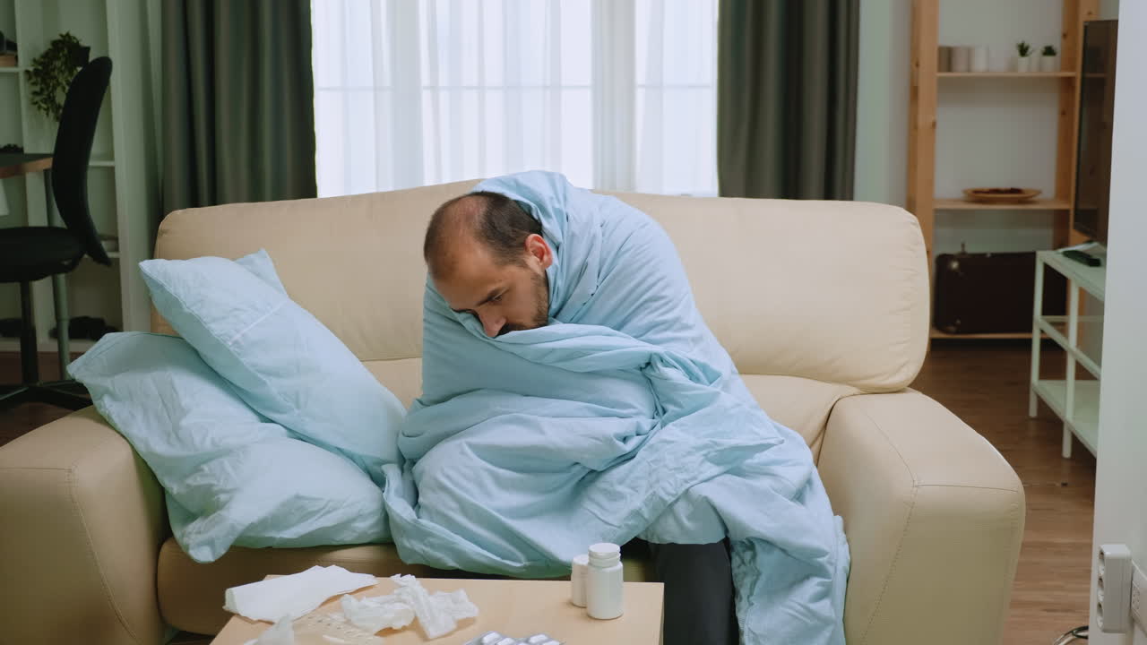Sick man wrapped with blanket