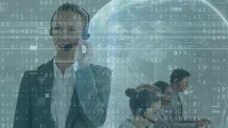Binary-coding-data-processing-over-caucasian-female-customer-care-executive-talking-on-phone-headset