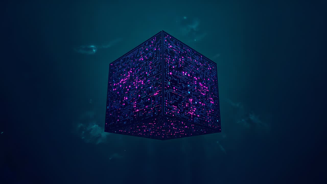 Materializing circuit-patterned cube rotating in digital void, receiving glowing node connection