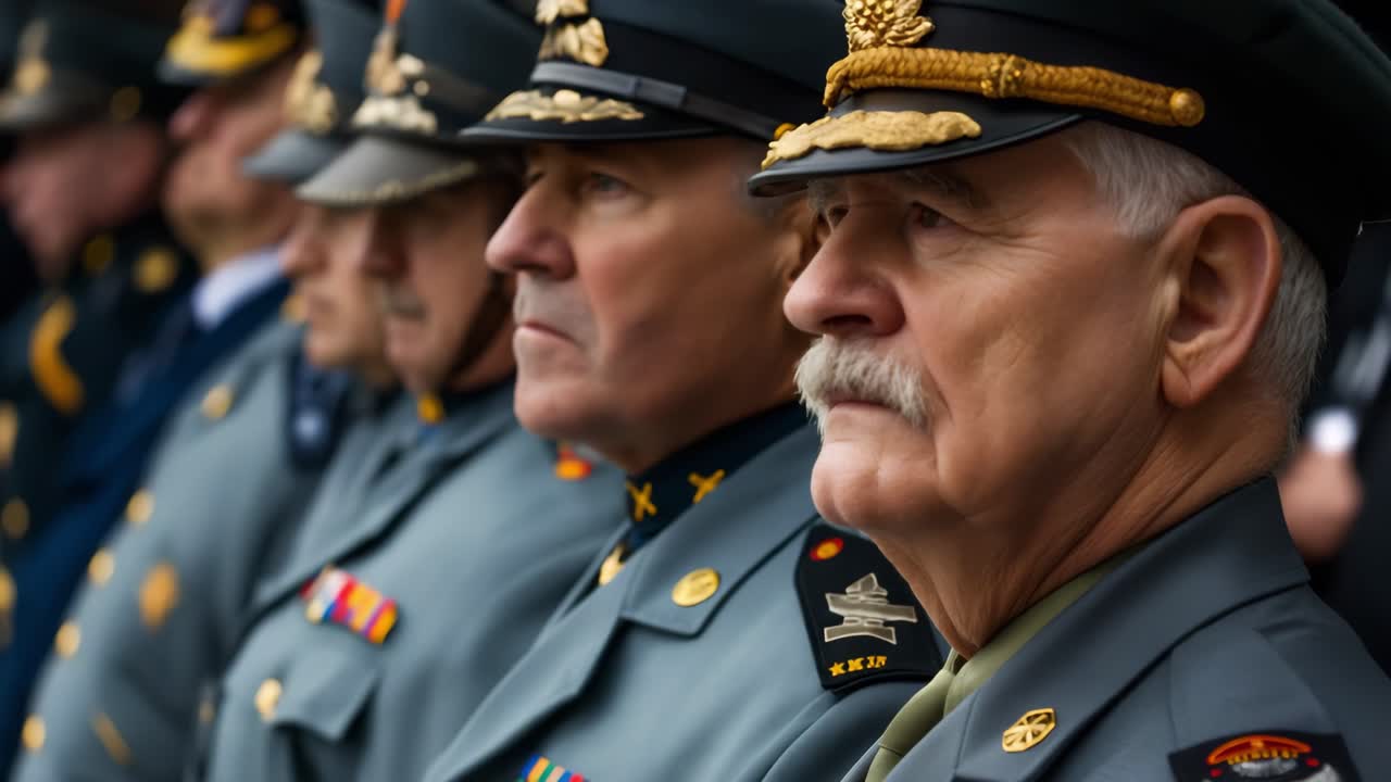 High ranking military officers with serious expressions stand in formation, displaying their medals and insignia during an official ceremony