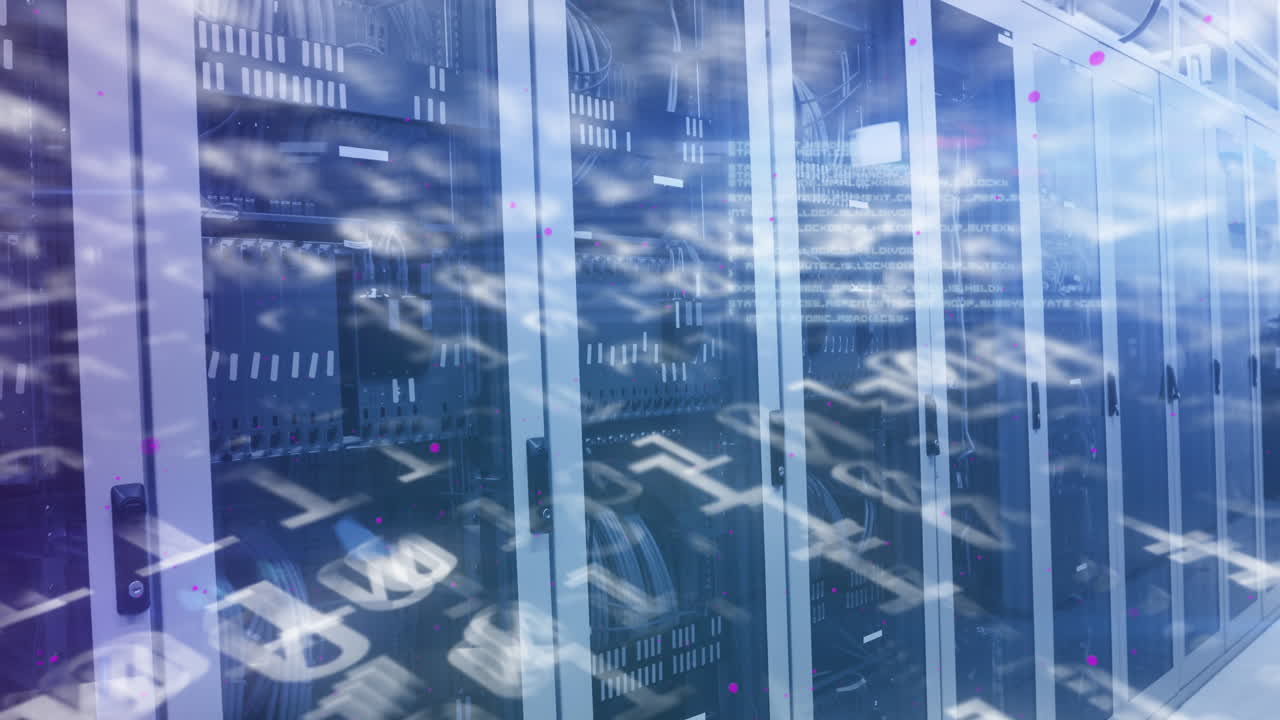 Animation of binary coding numbers changing over tech room with computer servers