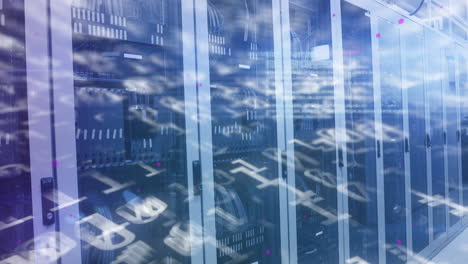 animation of binary coding numbers changing over tech room with computer servers