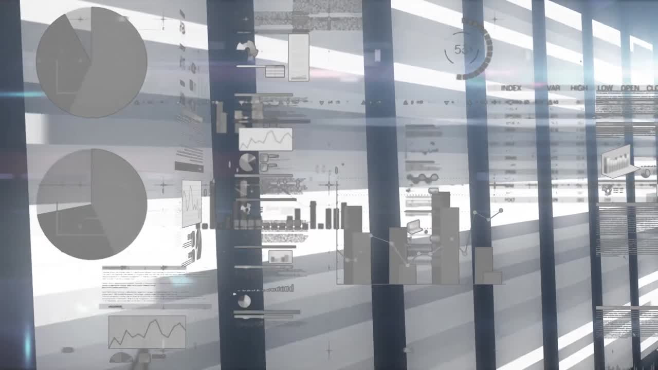 Animation of statistical data processing over moving light trails against blue background