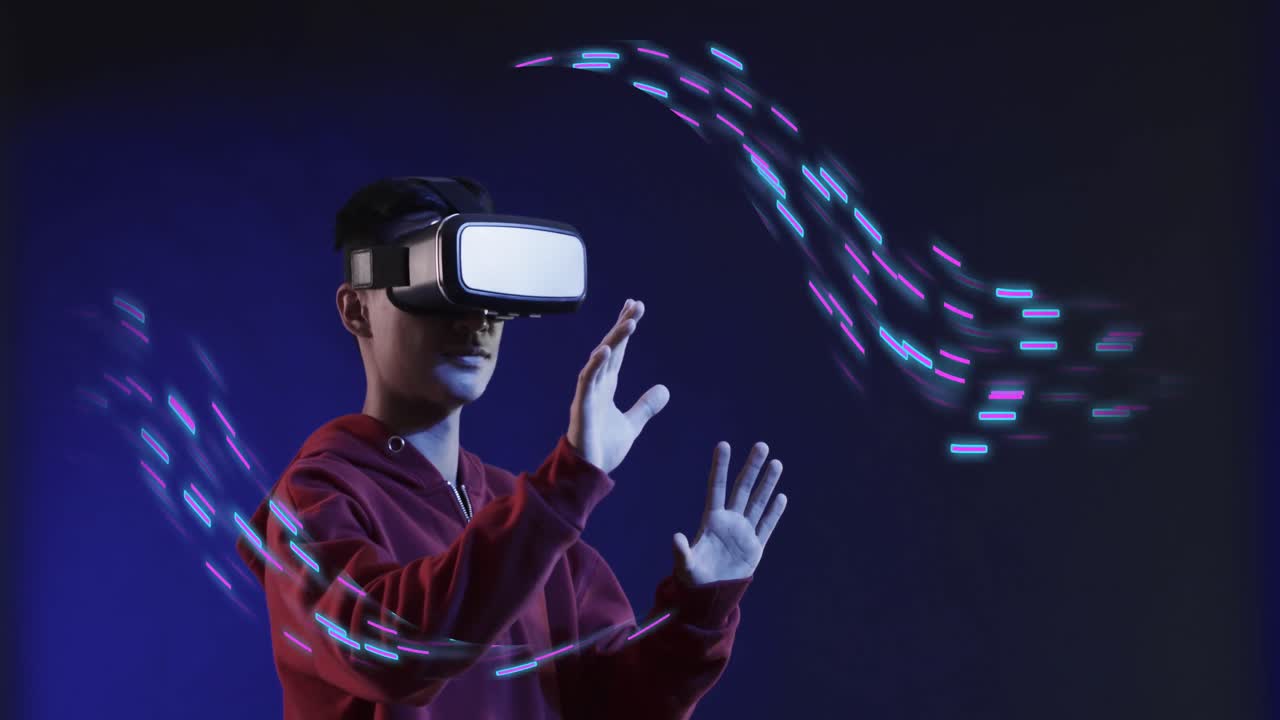 Animation of glowing light trails of data transfer over asian man using vr headset