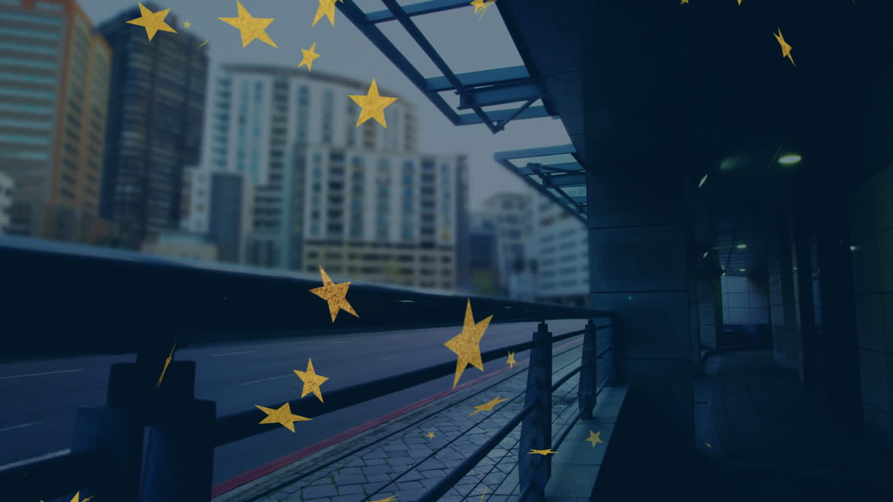 Cityscape with blurred motion and star animation overlaying urban buildings