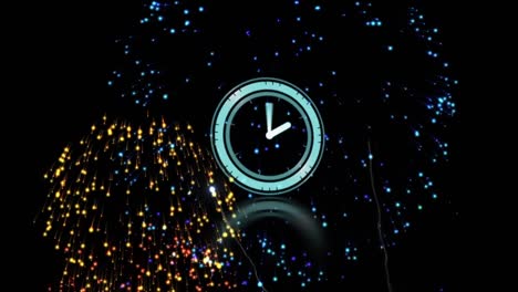 reloj digital de neón azul haciendo tictac contra fuegos artificiales explotando en fondo negro