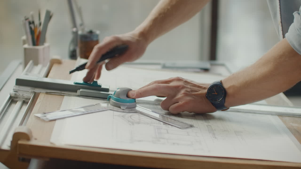 Architect's desk: drawings tape measure ruler and other drawing tools. Engineer works with drawings in a bright office close-up. Insturments and office for designer. Male hands draw with a pencil.