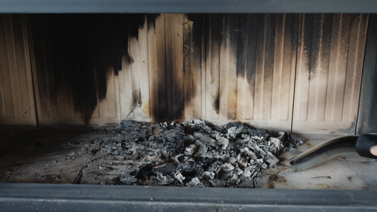 남자는 벽난로에서 재를 진공 청소기로 청소