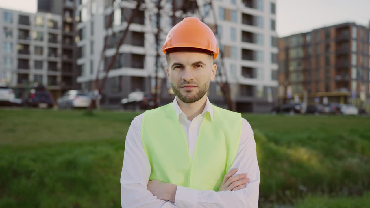 Professional Male Engineer with Hard Hat and Safety Vest at Construction Site