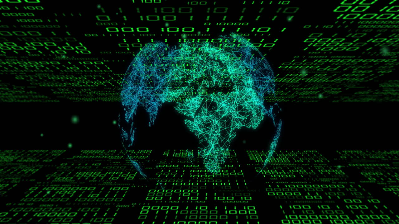 mapa del mundo digital con código binario, animación de procesamiento de datos