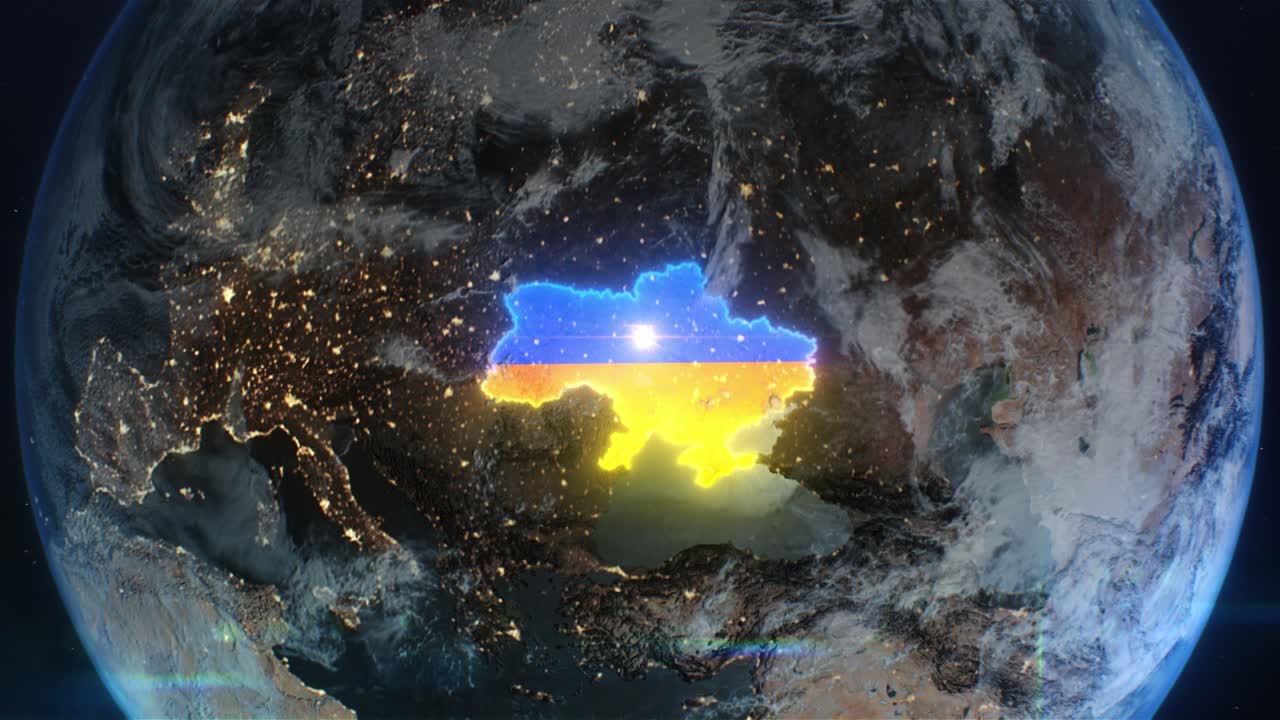 ucrania acercarse desde el espacio. contorno del mapa de ucrania brillante sobre el globo terrestre